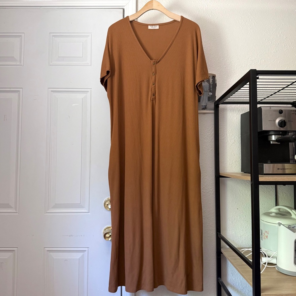 DWELL & SLUMBER rust orange brown rib ribbed knit short sleeve midi dress‎